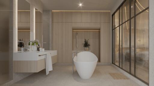 Modern bathroom with standalone bathtub and large mirror