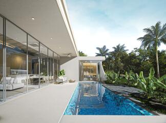 Modern house exterior with a swimming pool and patio area