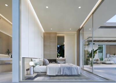 Modern bedroom with glass walls overlooking a patio and pool