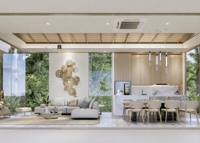 Modern living and dining area with large windows and natural light
