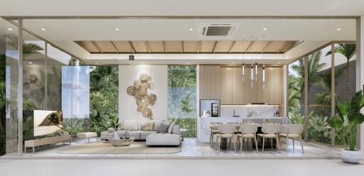 Modern living and dining area with large windows and natural light