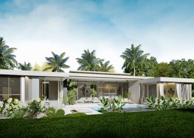 Modern white one-story house with large windows, surrounded by lush greenery and palm trees