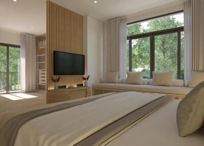 Spacious bedroom with large window and natural light