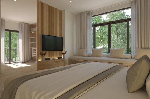 Spacious bedroom with large window and natural light