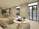 Modern living room with dining area and views of the patio and pool.