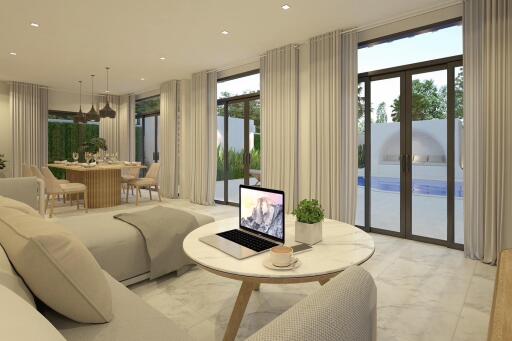 Modern living room with dining area and views of the patio and pool.