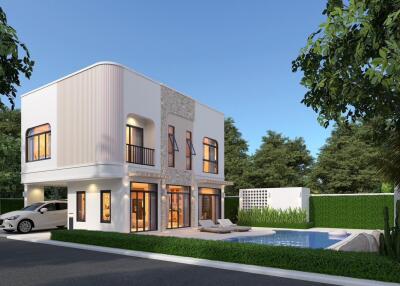 Modern two-story house exterior with pool and carport