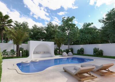 Modern outdoor pool area with lounge chairs, sculpted seating, and lush greenery