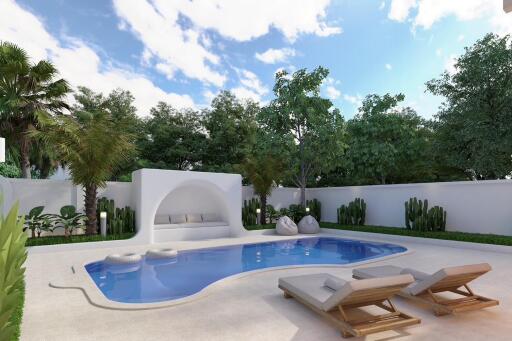 Modern outdoor pool area with lounge chairs, sculpted seating, and lush greenery