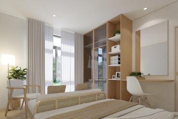Modern bedroom with large window, built-in wooden shelves, and desk area