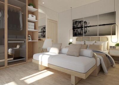 Modern bedroom with natural light and contemporary furnishings.