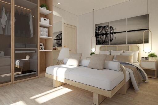 Modern bedroom with natural light and contemporary furnishings.