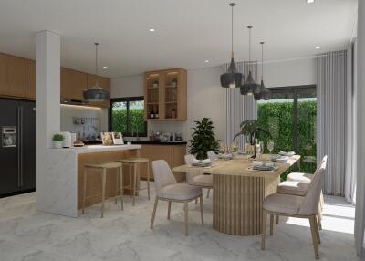 Modern kitchen and dining area with island and dining table