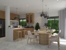 Modern kitchen and dining area with island and dining table