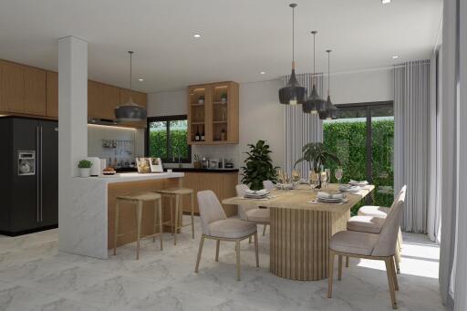 Modern kitchen and dining area with island and dining table