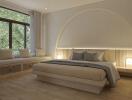 Modern bedroom with large bed and window seating