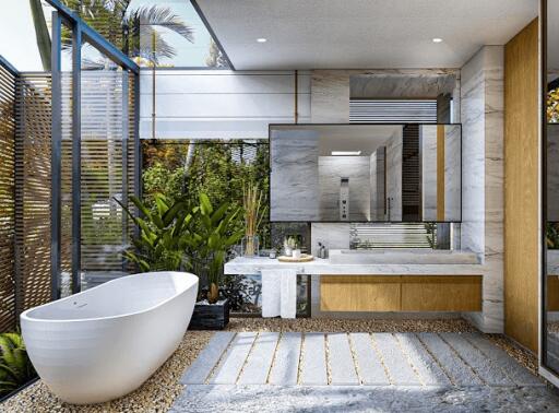 Modern bathroom with large freestanding bathtub, double sink vanity, and indoor plants