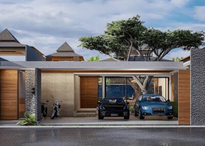 Modern house exterior with cars parked in driveway