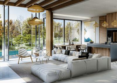 Modern open-plan living room with large windows, cozy seating area, and adjacent dining space