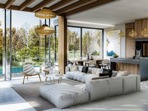 Modern open-plan living room with large windows, cozy seating area, and adjacent dining space