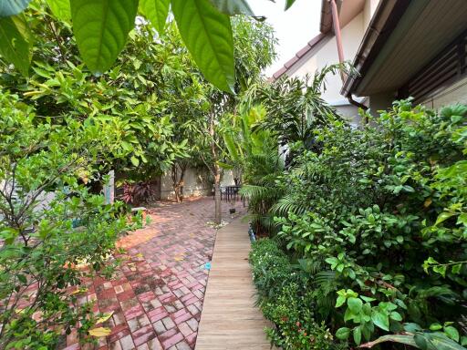 Beautiful garden area with lush greenery and a brick pathway