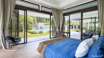 spacious bedroom with pool view