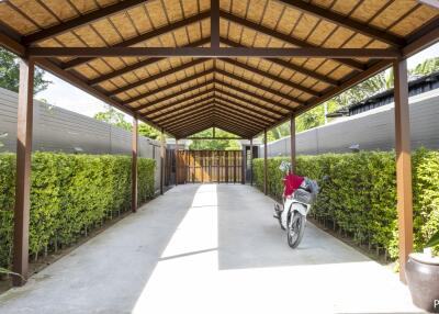 Covered carport with hedge-lined driveway