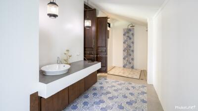 Modern bathroom with single sink and walk-in shower