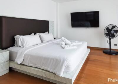 Modern bedroom with a large bed, TV, and wooden floor