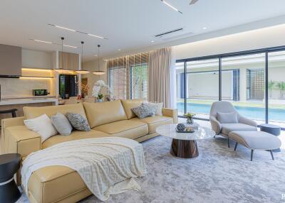 Modern living room with a view of the pool