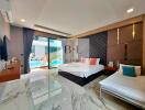 Modern bedroom with marble flooring, double bed, single bed, and pool view