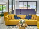 Modern living room with yellow sofa and decorative pillows