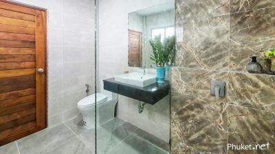 Modern bathroom with wooden door and marble wall