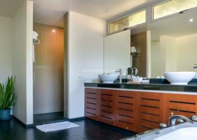 Modern bathroom with double-sink vanity and walk-in shower