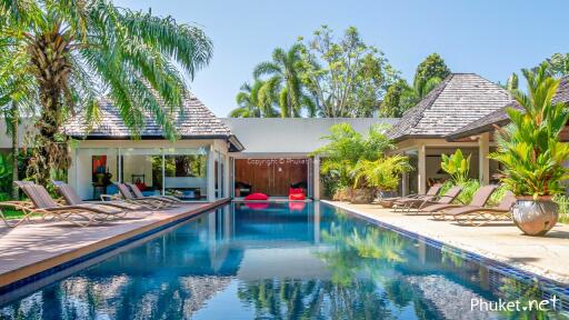 Luxurious poolside area with loungers and tropical landscaping