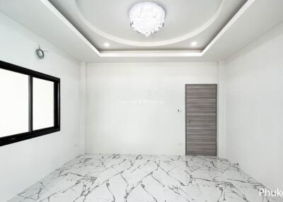 modern minimalistic room with marble floor and chandelier