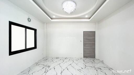 modern minimalistic room with marble floor and chandelier