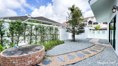 Beautifully landscaped backyard garden with gravel path and tree