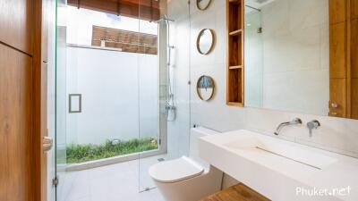 Modern bathroom with glass shower enclosure and wall-mounted vanity