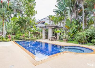 Swimming pool in a lush tropical garden