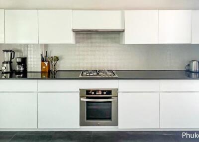 Modern kitchen with white cabinets and black countertop