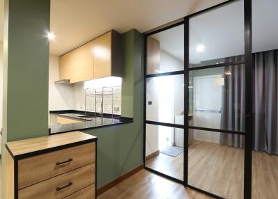 Modern kitchen with green wall, wooden drawers, and a glass door