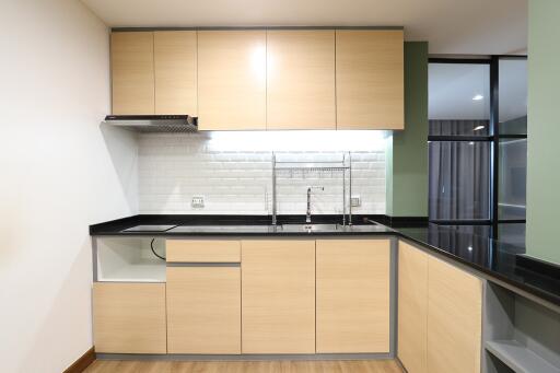 Modern kitchen with light wood cabinets and black countertops