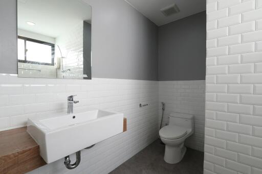 Modern bathroom with white sink and toilet