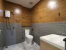 Modern bathroom with wood and gray tile design