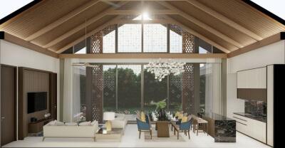 Spacious living room with vaulted ceilings and modern furnishings