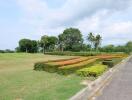 Manicured lawn and landscaped shrubs along a paved pathway