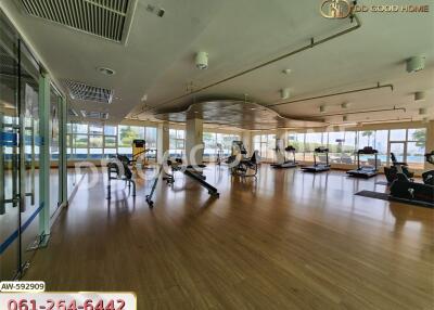 Spacious gym with exercise equipment and large windows