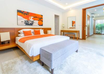 Modern bedroom with contemporary decor and connected amenities
