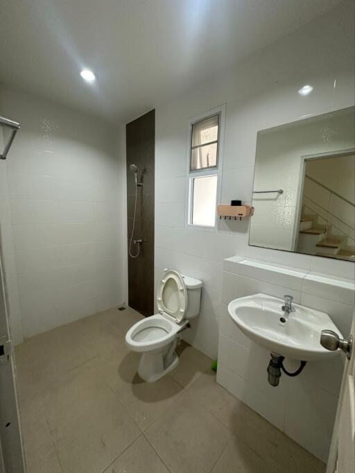 Bathroom with a shower, toilet, and sink